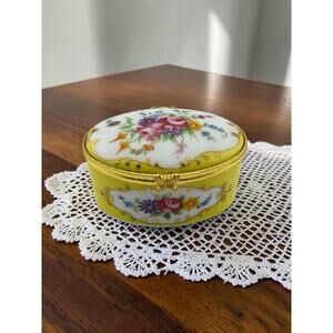 Vintage Andrea by Sadek Porcelain Trinket Box Yellow Floral Rose Interior 2"